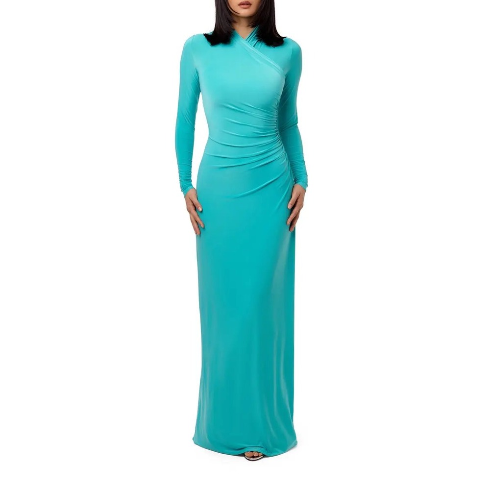 Naked Wardrobe Turquoise Teal Ruched Mock Neck Long Sleeve Maxi Dress Small